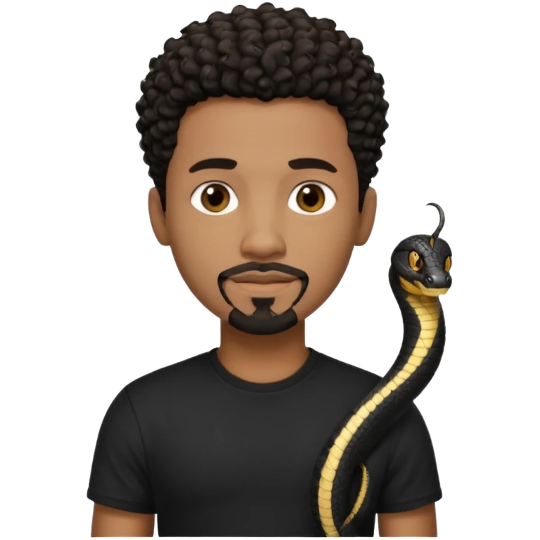 Homme noir de peau,  yeux marron avec un bouc sans la moustache, cheveux noir court et bouclé crépus avec un dégradé sur le côté, avec un cobra à côté , t-shirt noir  emoji