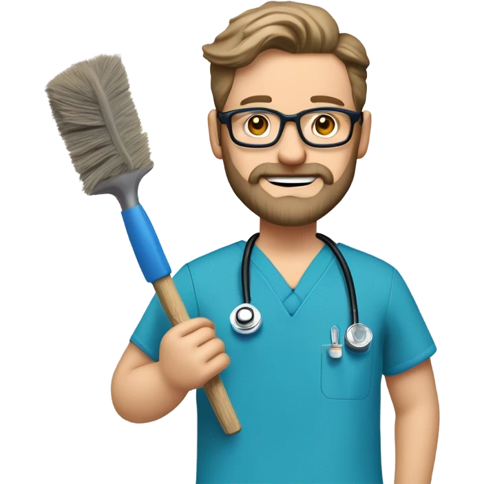 male dark blond haired doctor with grey van dyke beard with hazel eyes and small wire-rimmed glasses in blue scrubs holding a large paintbrush and jigsaw emoji