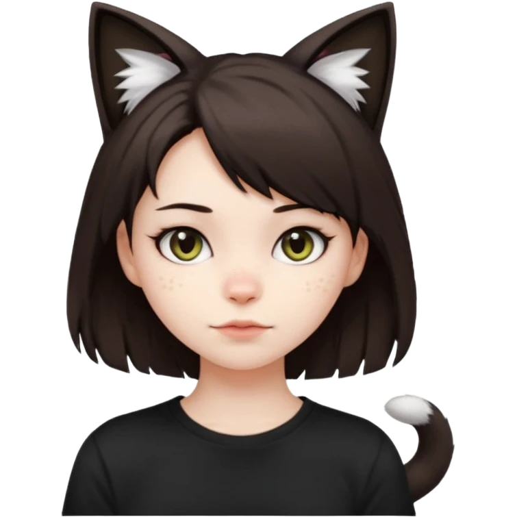 a girl with pale skin, short dark brown hair with lots of dandruff , cat ears and a tail, with a black t-shirt on emoji