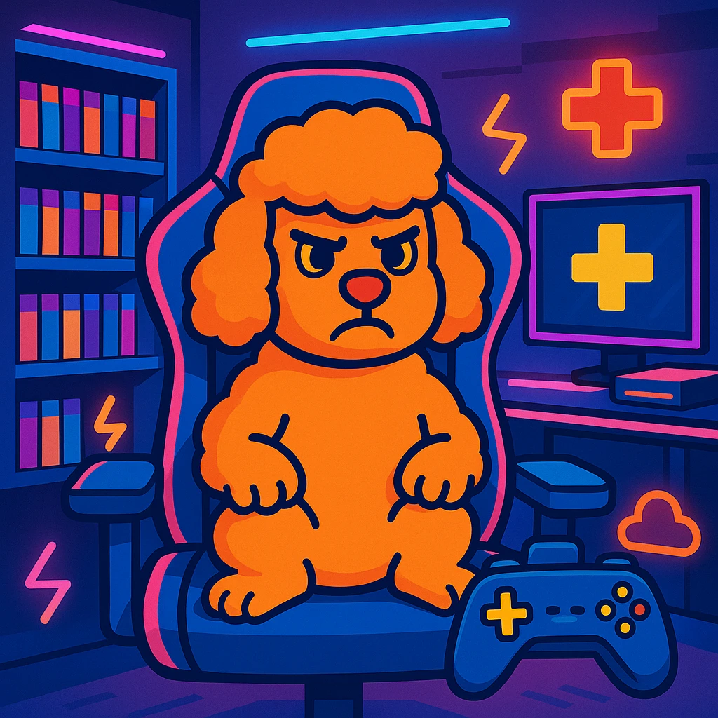 Add a dynamic gaming setup background with shelves of games, neon lights, and a big screen. Keep the vibrant colors and focused mood in vibrant toon style. emoji