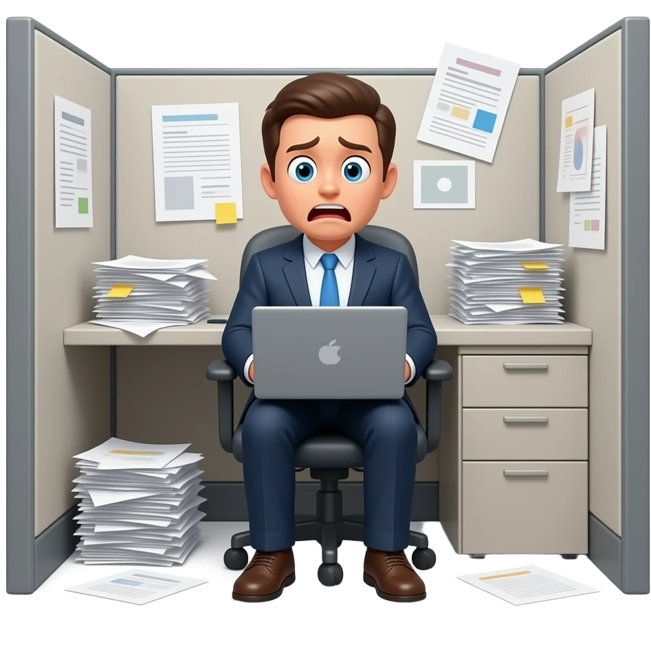 panicked business person, with laptop and chaotic paperwork emoji