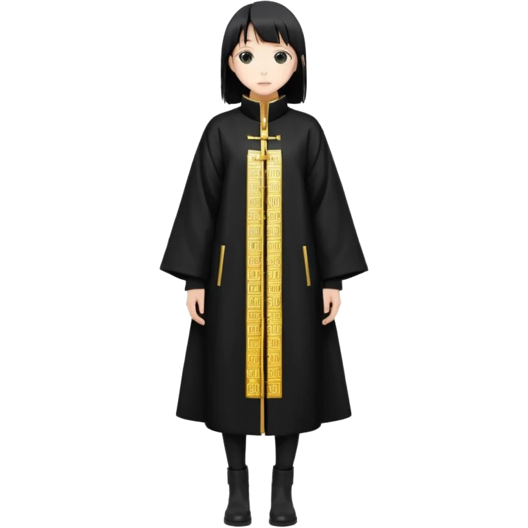 A long black anime style coat with a straight silhouette, reaching below the knees. On the center of the back, bold vertical golden Japanese kanji characters are printed glowing slightly against the dark background. The coat has a high collar and long sleeves. emoji