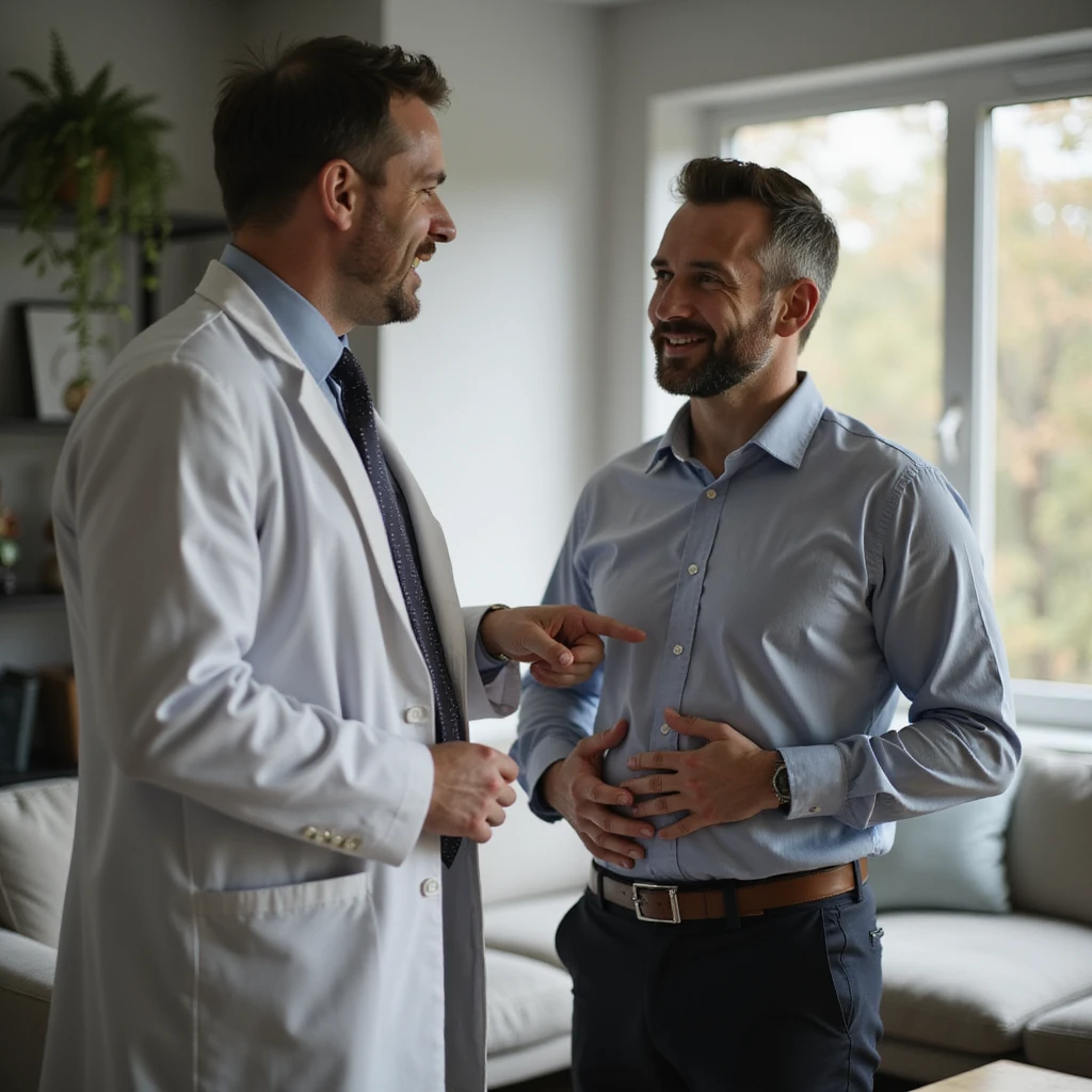 realistic 4K man consulting a nutritionist, pointing at his belly with a hopeful expression, professional environment emoji