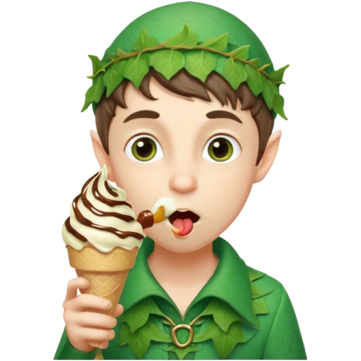 
A young elf boy in leafy clothes licking a triple-scoop ice cream with wide eyes.


A playful forest elf sitting on a log, balancing a huge ice cream tower in one hand.




 emoji