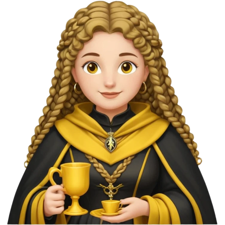 Helga Hufflepuff, 2 curly thick brown braids, yellow-black medieval dress, black cloak decorated with gold braiding, tiny two-handled shiny yellow-gold cup, very kind smile, curvy busty sweet woman, thick rosy cheeks emoji