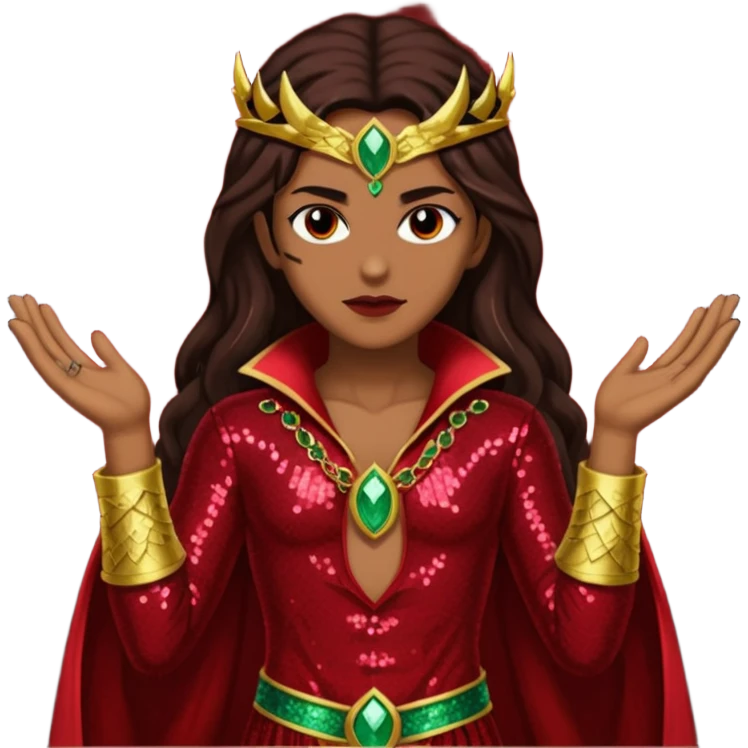 Samael, Poison of God from Gods and Goddesses with tan skin, long dark brown hair, dark red sequin outfit emoji