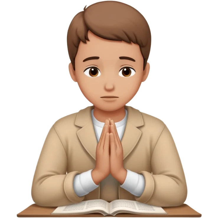 Student with hands clasped in prayer looking at essay starting with "Dear God" emoji