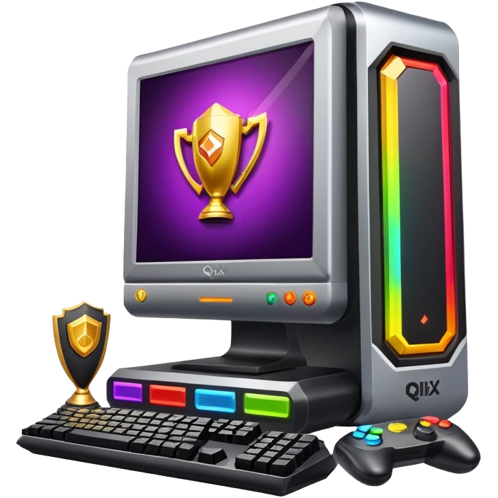 Gaming computer with qbix88 logo, popular online gaming platform with trophy and expert player badge emoji