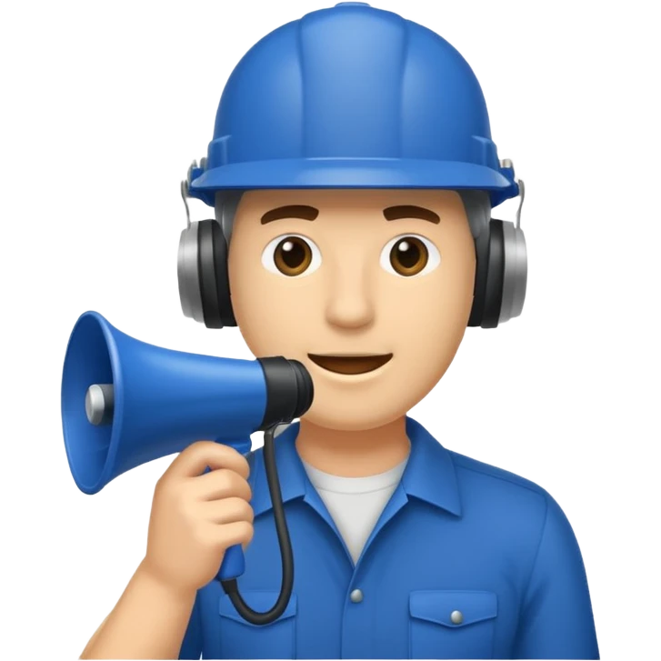 Um homem com capacete azul escuro segurando um megafone emoji