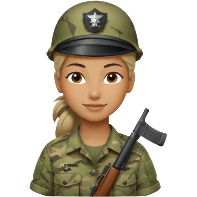 Apple emoji look — female soldier, no cap/helmet, bust, neutral smile, generic camo shirt, hair tied back, soft gradients, no weapon emoji