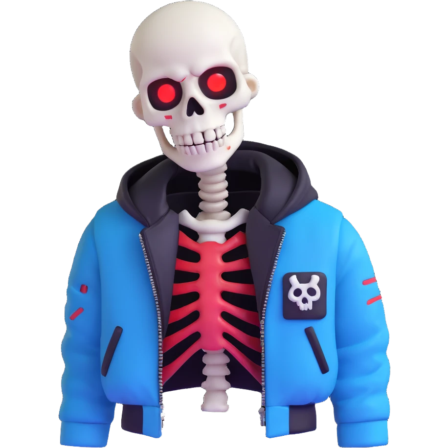 Error Sans, a skeleton character with a glitchy, corrupted appearance, blue and red eye, wearing a black jacket, inspired by Undertale, 3D emoji style emoji