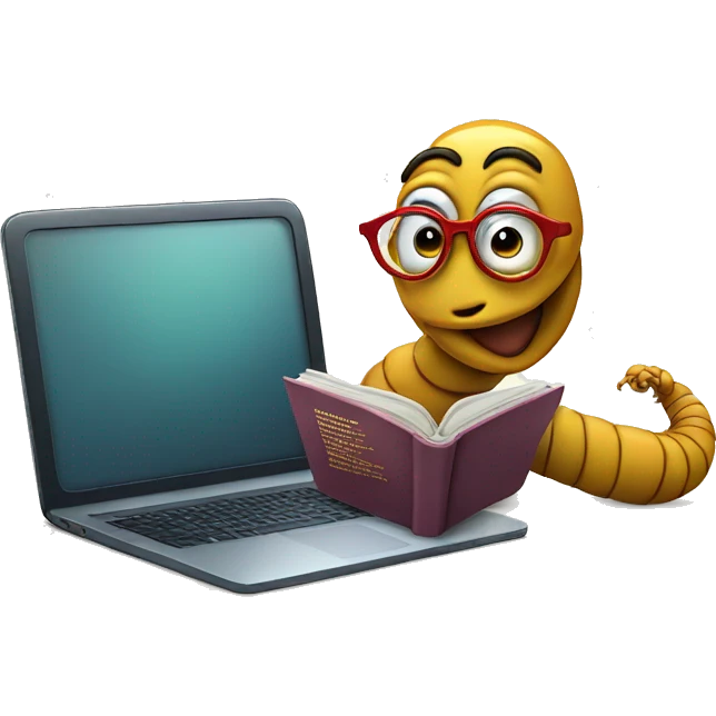 worm with glasses reading a book witha computer emoji