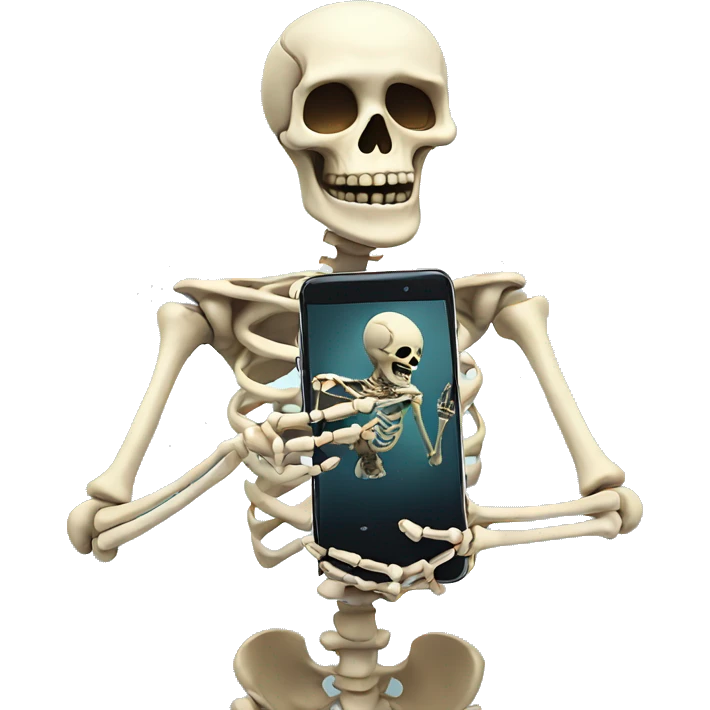 Skeleton smiles and looks at smartphone emoji