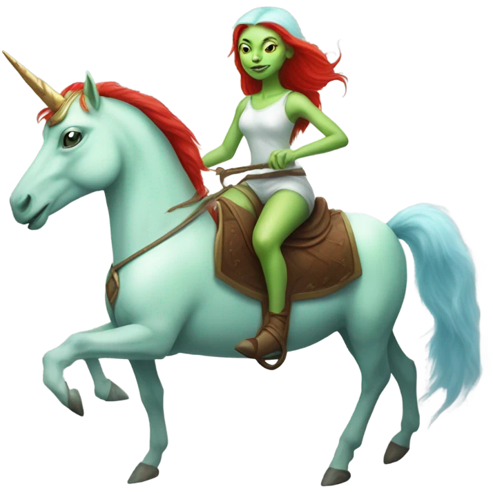[politically incorrect
	{ woman: alien, color: light green, hair:red, eyes:cat} ]
	on a 
	[{ unicorn: white, legged:four, mane: light blue }] emoji