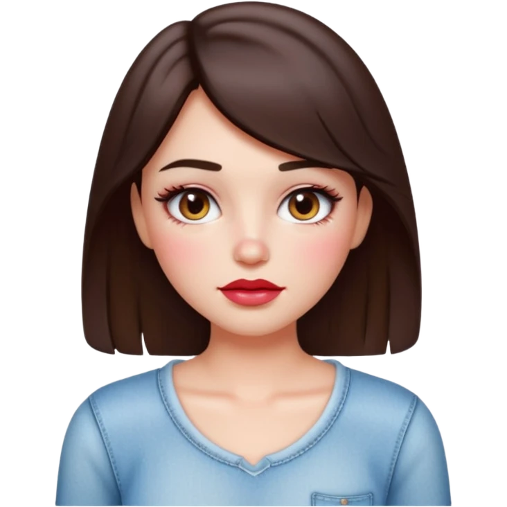 “Emoji brunette girl white top, dewy skin, heavy blush across cheeks and nose bridge, glossy cherry lips, soft eyeliner, teary sparkling eyes like hanni from new jeans emoji