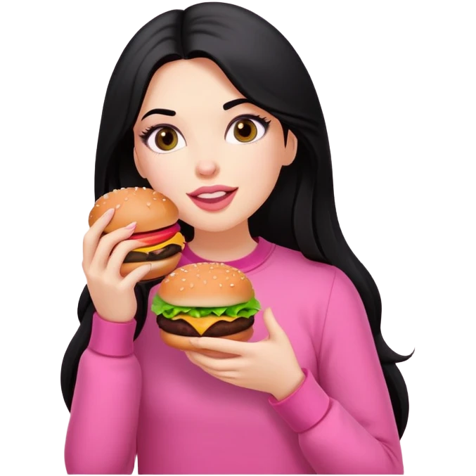 White girl in pink clothes and long black hair eating burger emoji