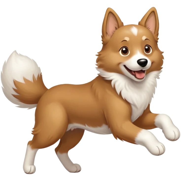 Tan dog, large breed, one paw to his elbow white and the other one just the paw white, ears up, fluffy tail, running  emoji