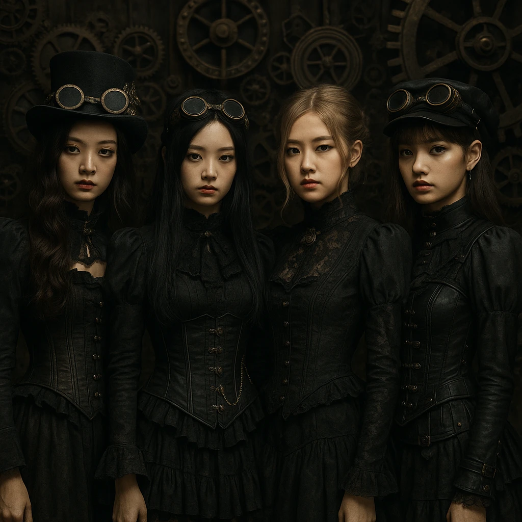 Blackpink in steampunk goth style, gears, goggles, Victorian fashion, dark palette emoji
