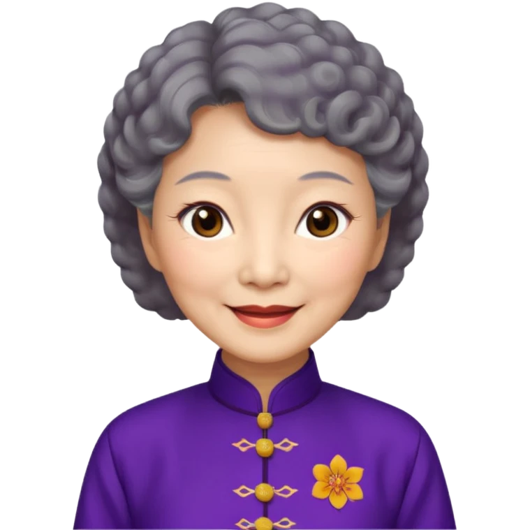 Chinese woman 73 years old, warm smiling expression, short gray perm, brown eyes, elegant dark purple qipao emoji