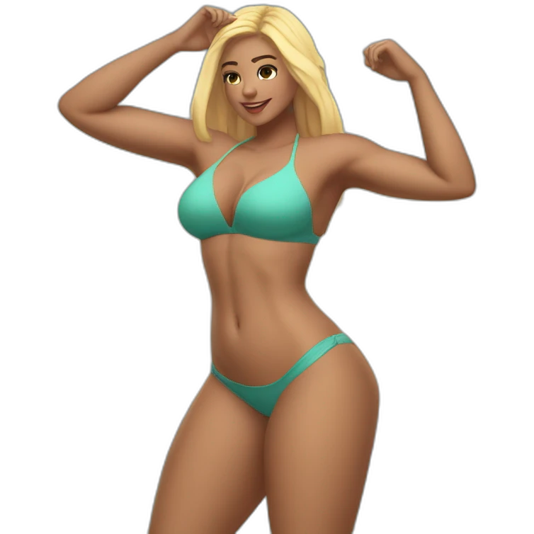 Slim-thicc Caucasian woman bikini hands-in-hair pose (beach body) full body emoji