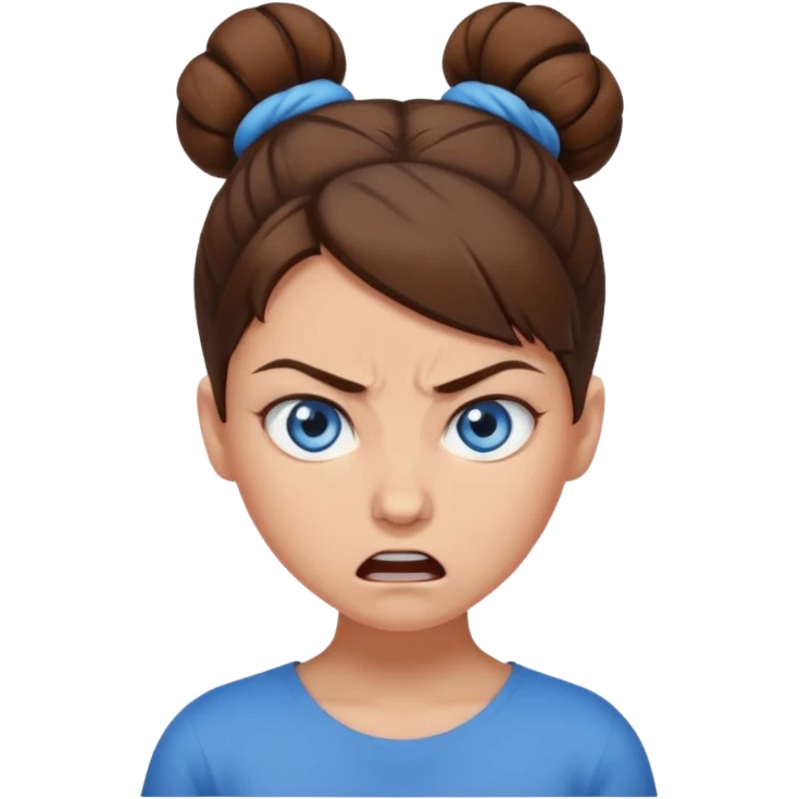 Girl with blue eyes, brown hair in a bun, angry emoji