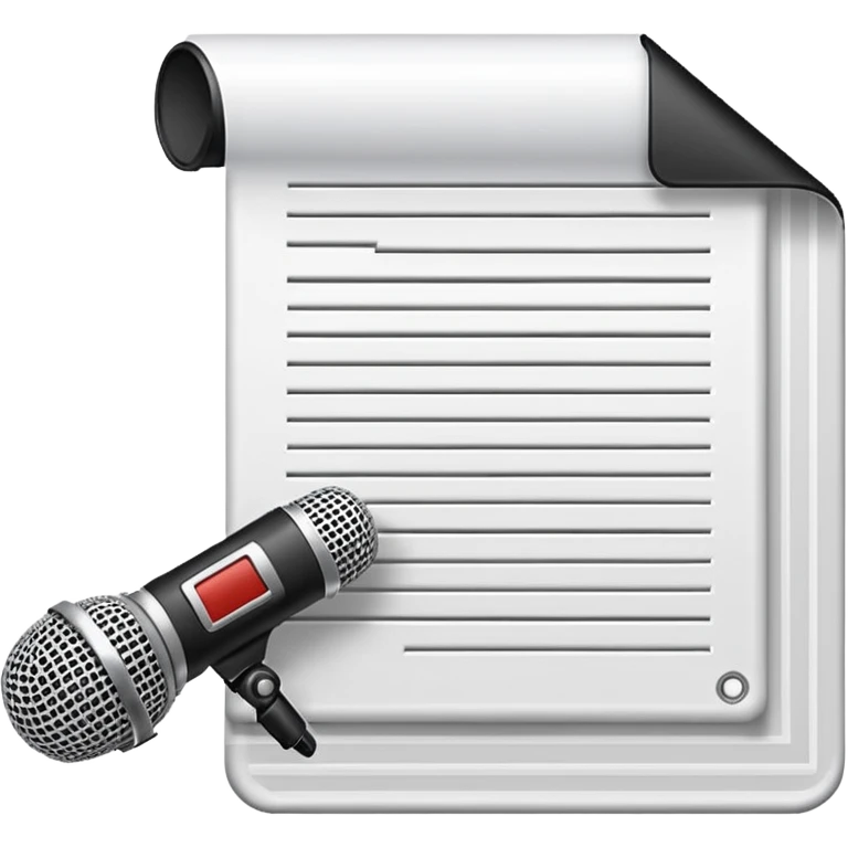 iconography design suitable for emoji reaction; pixel art: white document with a folded top-right corner and horizontal lines, outlined in a brick pattern. At the top center of the document is an icon indicating ai. In front of the document a microphone icon emoji