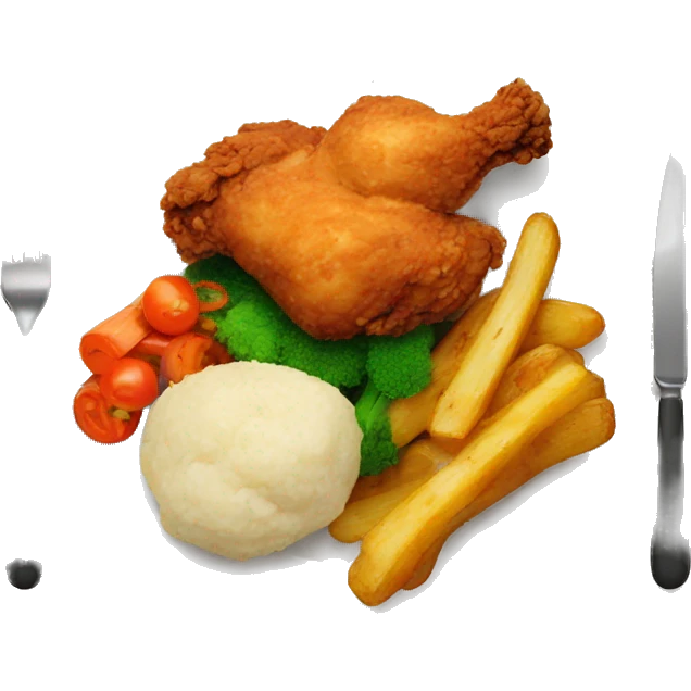Fried chicken with fried vegetables and cooked potatoes on a plate emoji