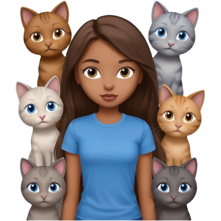 a pretty bratz dusky girl with long brown hair, blue eyes with six cats nd wearing a grey tshirt emoji