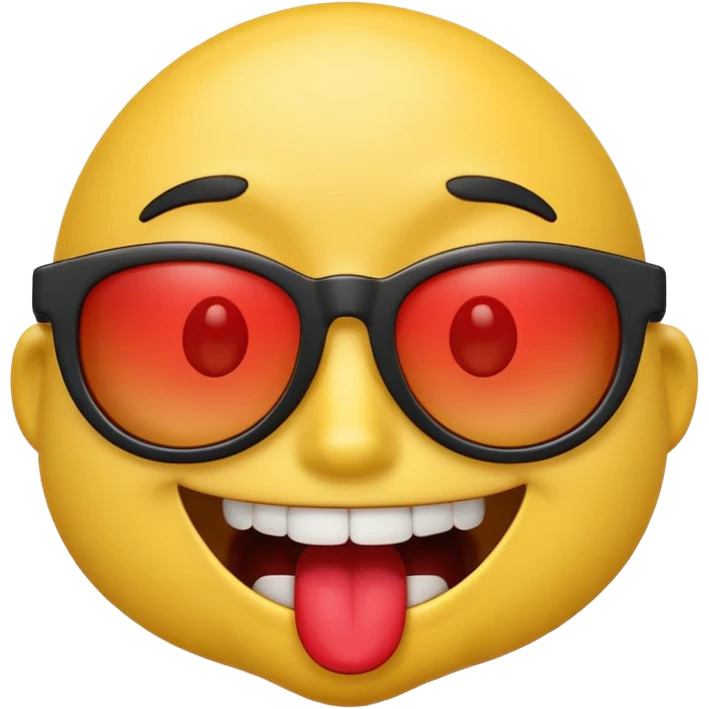 3D emoji character with bright yellow face, wide open smile showing white teeth and red tongue, raised brown eyebrows, and black sunglasses, rendered in a playful and glossy style on transparent background emoji