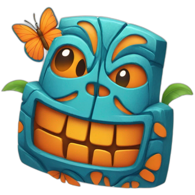 Cartoon Blue and orange smiling tiki with butterfly  emoji