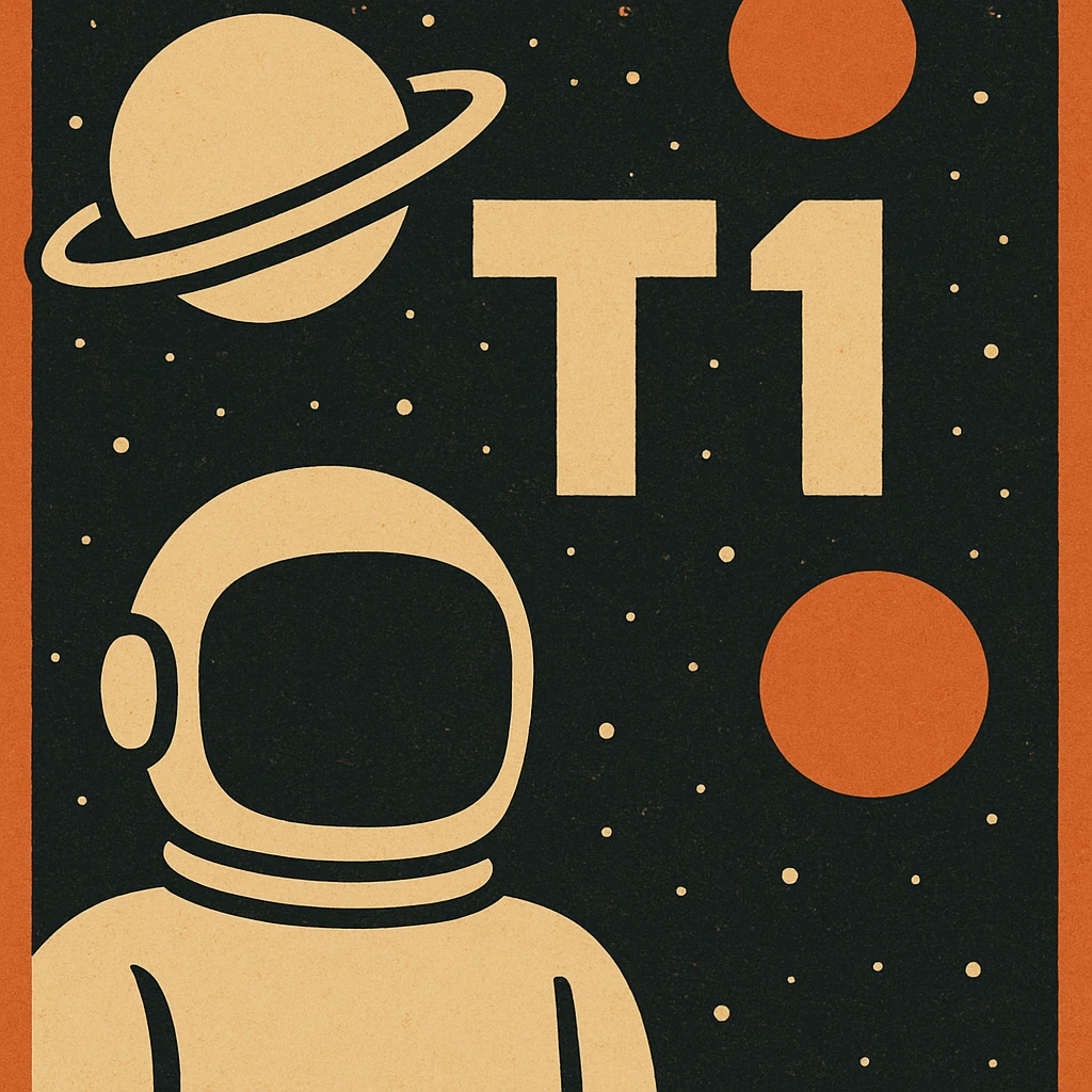 space theme with the words T1, minimalist style, dark starry sky, simple planets, text floating in space emoji