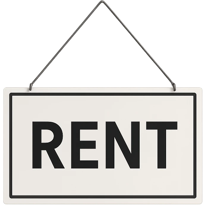 realistic modern 'rent' sign board, clean lines, minimal, contemporary, photo-like emoji