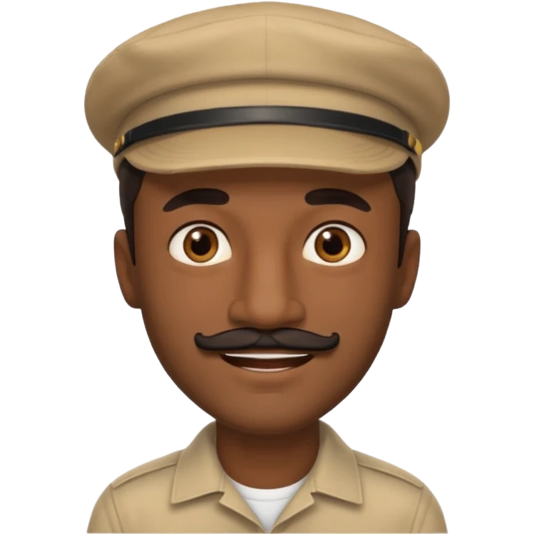A dark-skinned man with a beige cap, brown eyes, and a thin black mustache. emoji