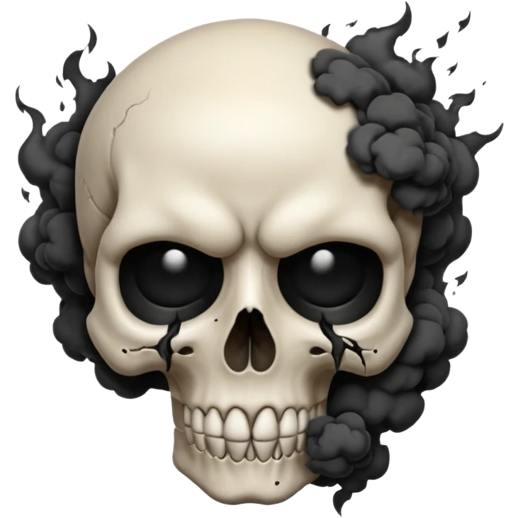 iOS style emoji, dark fantasy skull, cracks, black smoke from eyes, soft light, stylized emoji