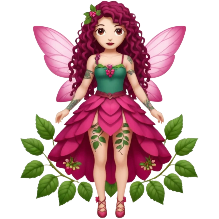 full body woman long curly brown hair brown eyes white skin tattoos muscular build raspberry fairy outfit, petal skirt, thigh vines emoji