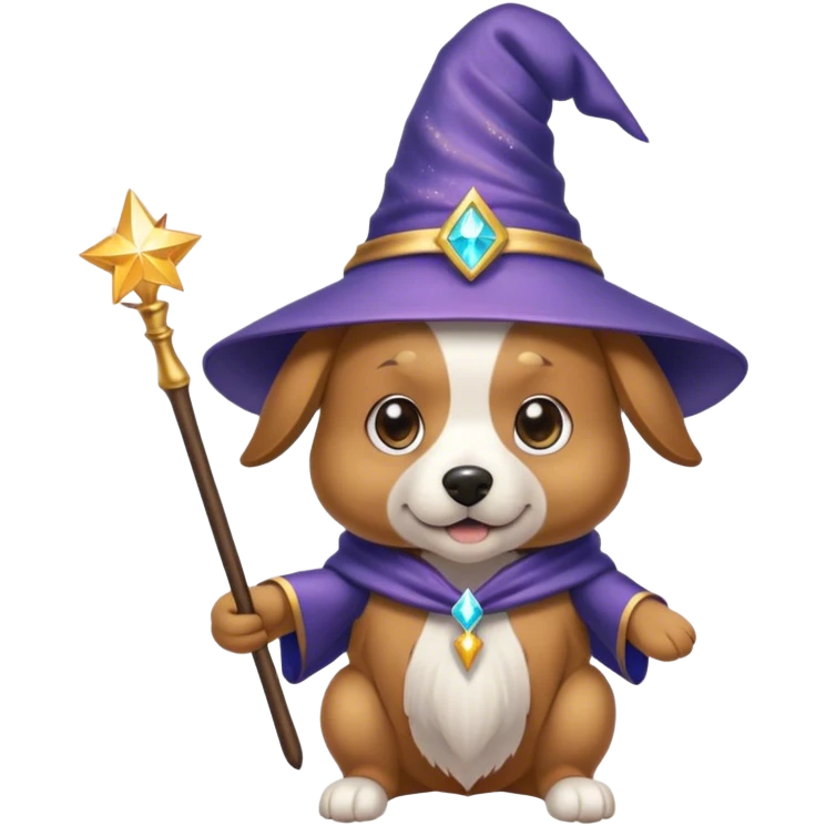 Dog wearing a wizard hat and holding a magic wand. The dog has shimmering eyes emoji