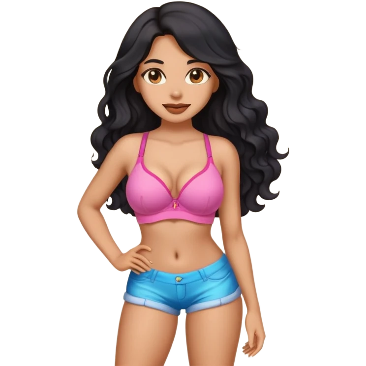 Garota emoji sexy, corpo bonito, cabelo preto longo ondulado, morena clara, sutiã e short curto,  emoji