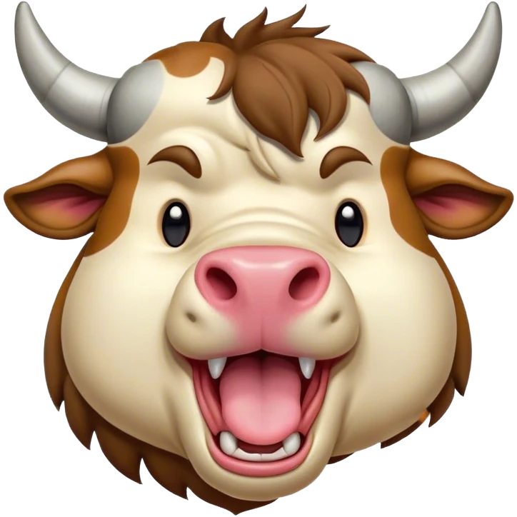 Cinematic Cute Yawning Domestic Bull Portrait Emoji, Head tilted slightly with a dramatic, wide-open yawn, showcasing a robust, muscular frame with a soft, downy coat and subtly drooping horns, round eyes barely open in drowsy contentment, Simplified yet irresistibly adorable features, highly detailed, glowing with a soft, cozy natural glow, high shine, relaxed yet expressive, stylized with a dash of rustic whimsy, soft glowing outline, capturing the essence of a sleepy yet affectionate domestic bull that seems ready to stretch out and settle for a nap! emoji
