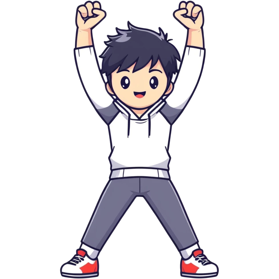 Black-haired male idol with arms up in the air, energetic performance pose, K-pop style emoji