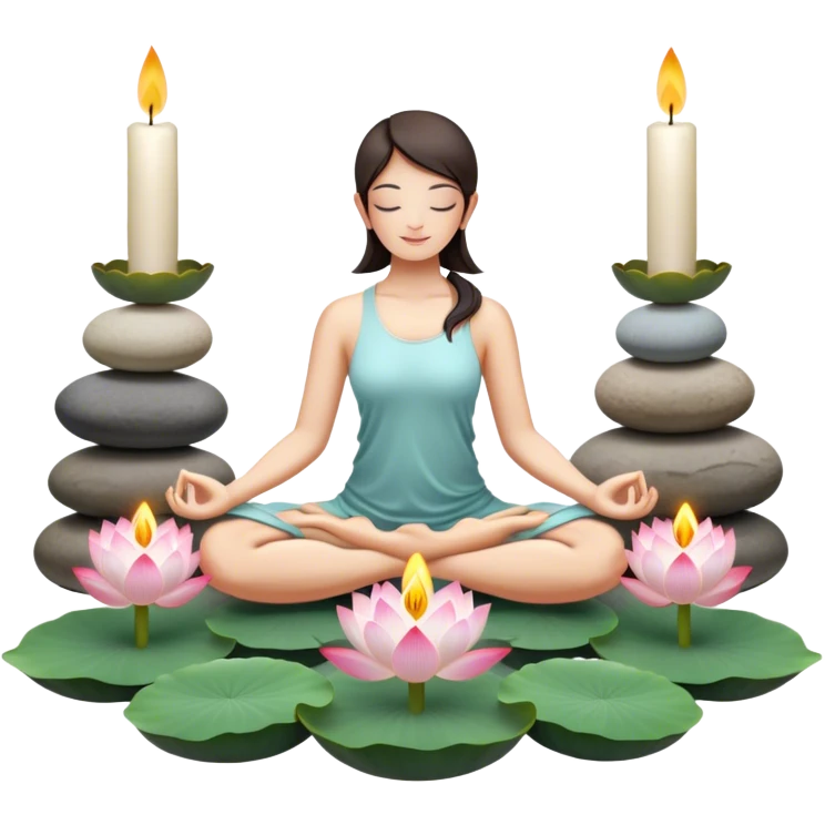 A photorealistic icon featuring a peaceful meditation pose, lotus flowers, candles, and calming natural elements like stones and incense. Soft, tranquil colors with detailed textures and lighting that convey a sense of calm and mindfulness. Transparent background. emoji