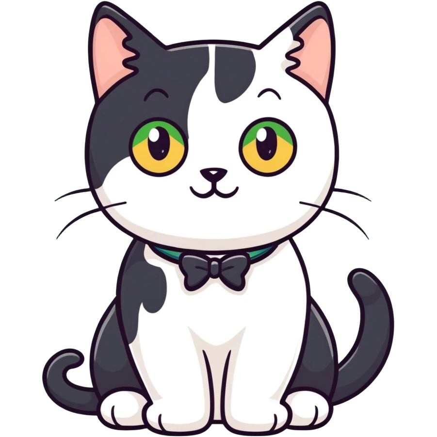 Female Tuxedo domestic short hair, more white than black similar to a cow, green/gold eyes emoji