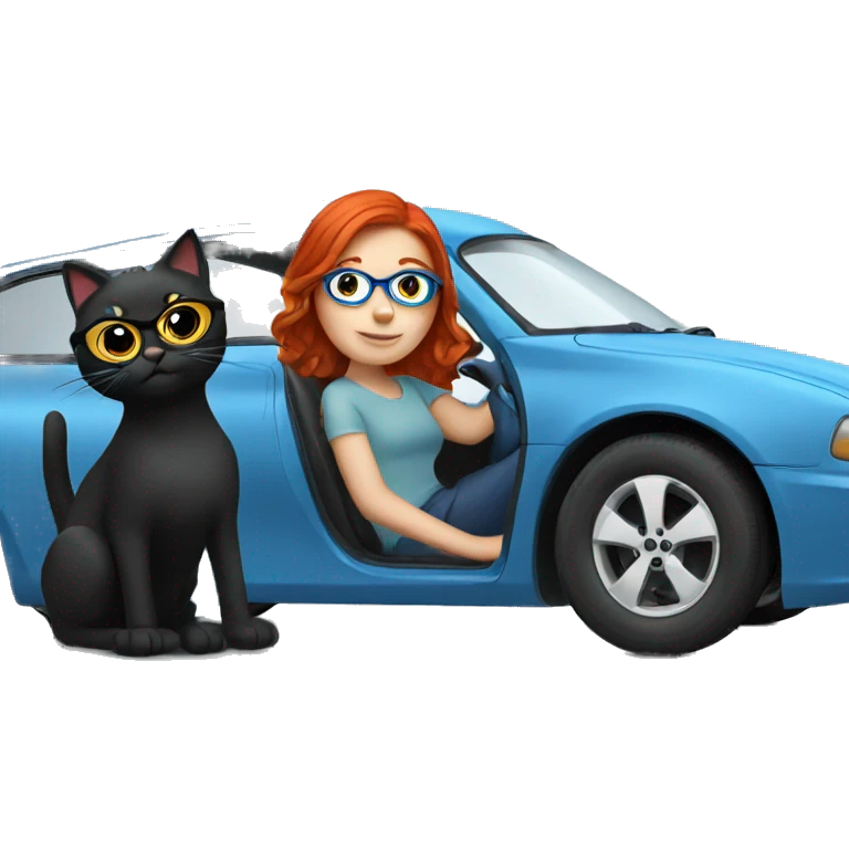 Redhead girl glasses driving blue car with 2 black cats  emoji