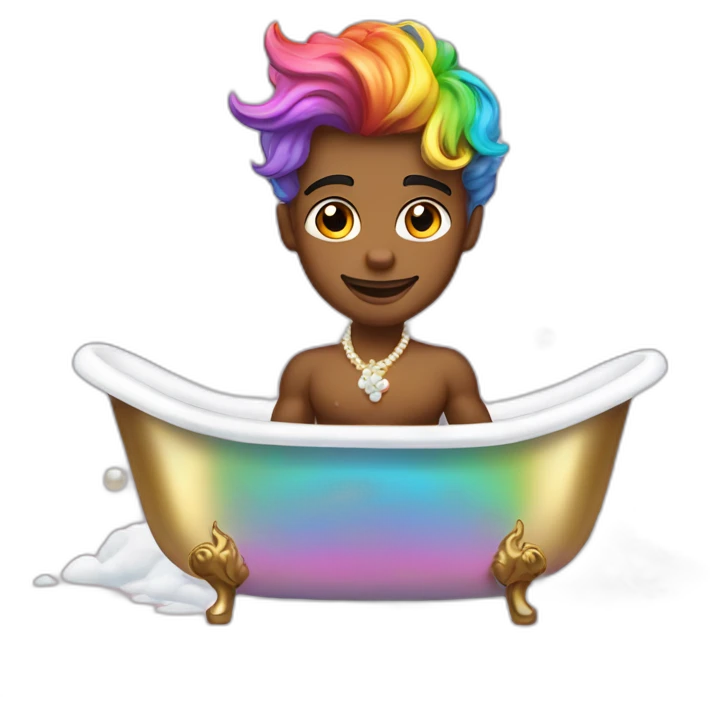posh-muscle-boy-with-pearl-necklace-and-rainbow-unicorn-hair-in-golden-bathtub emoji