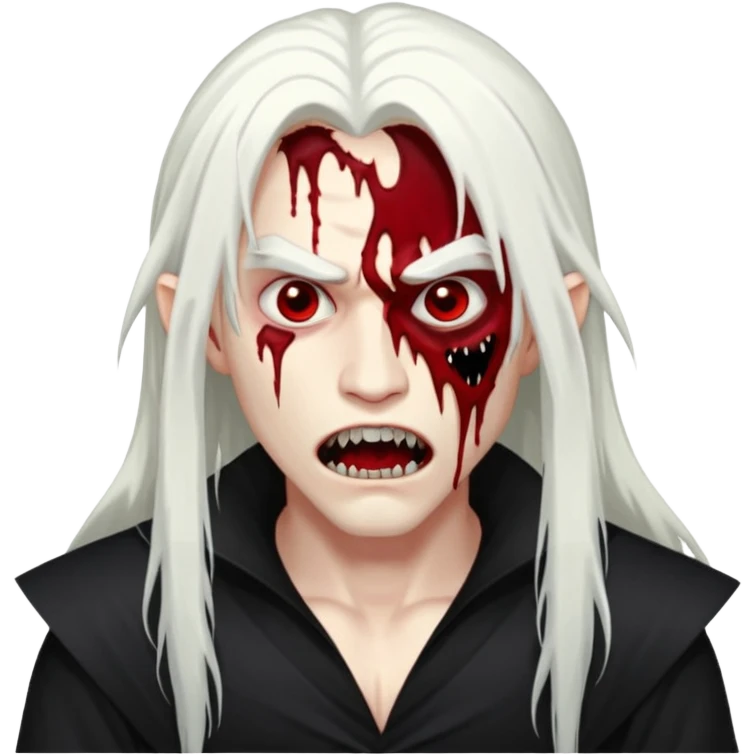 Creat a young man Vampire that have long white hair and white skin and full black eyes and bloody mouth and full black outfit and long fangs and scary eyes emoji