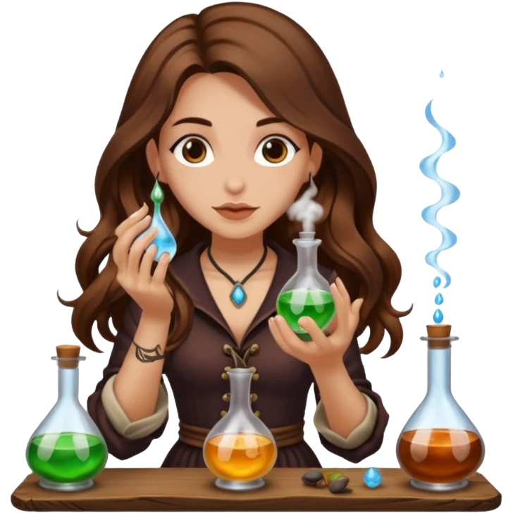 alchemist woman long wavy brown hair tattoos tasting potion drop emoji