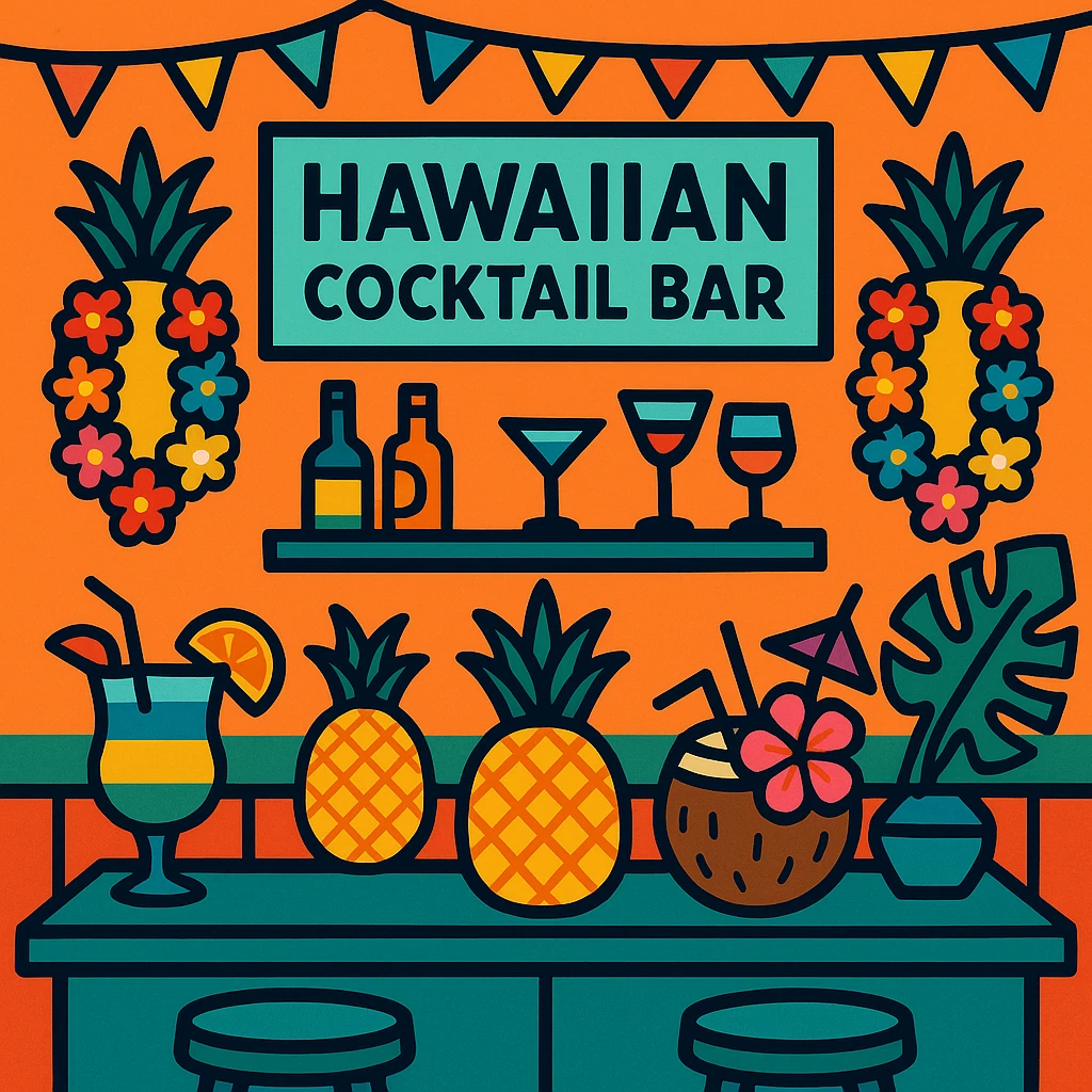 a Hawaiian cocktail bar, featuring pineapples, leis, and island-inspired decorations emoji