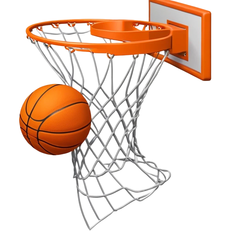 A close-up shot of a basketball soaring through the air and perfectly swishing into the basketball net. The ball is in mid-motion, with the net gently moving as the ball makes contact. The background shows a vibrant court with clear markings, capturing the excitement of a successful shot emoji