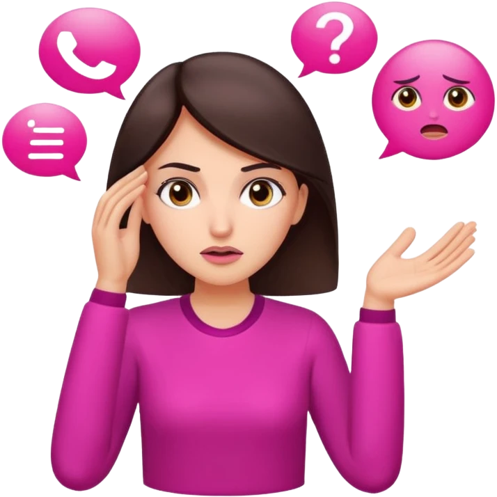 Social media manager. She has dark brown hair, brown eyes, , confused expression, raised eyebrows, questioning face, one hand on the head as if not understanding analytics.. Use vibrant colors with a focus on pink and fuchsia tone emoji
