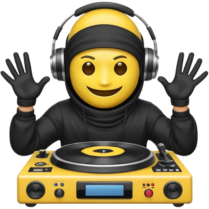 Make a customized yellow head emoji with hands and holding a dj turn table  in a  ninja face mask emoji