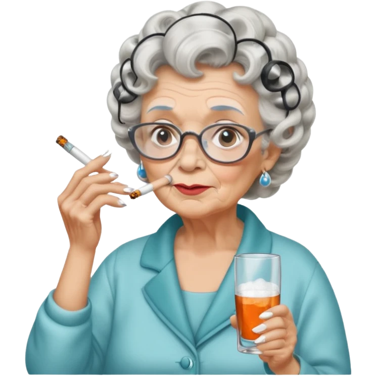 A grandma with hair curlers in while smoking and drinking with white powder under her nose emoji